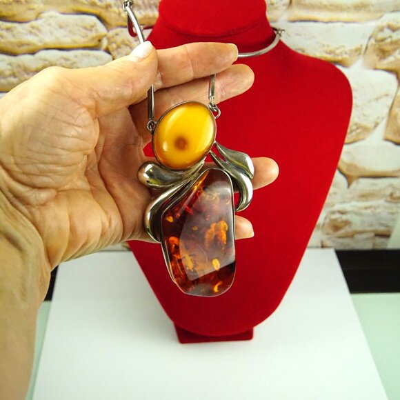 Super Giant Heavy Amber & 925 Silver Link Necklace - Rare Jewelry Gift For Her - Picture 7 of 16